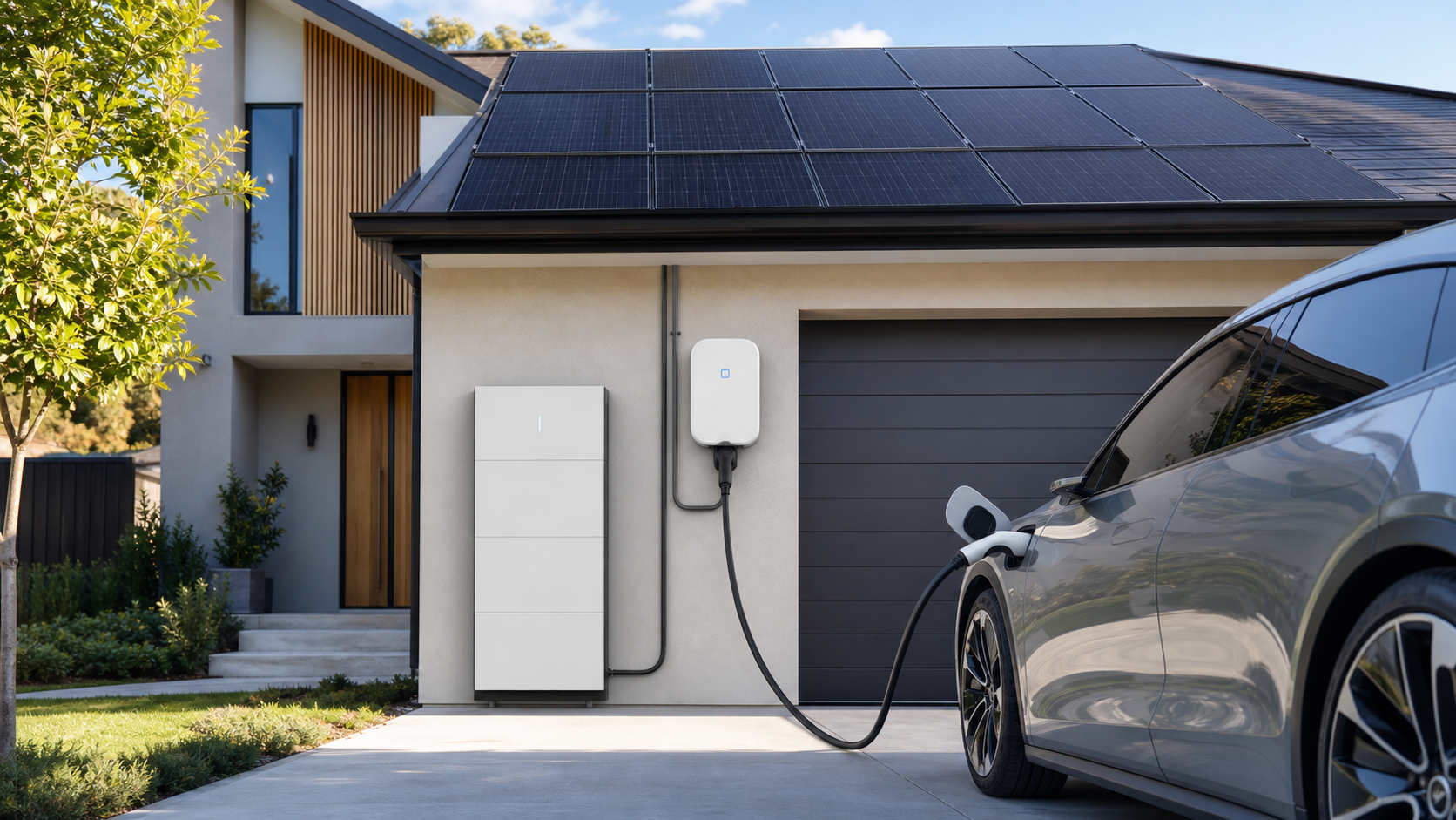 Sungrow AC22E-01 smart EV charger connected to an electric car at a home with rooftop solar panels and battery storage.