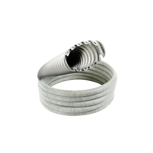 Coiled gray hose with metal clasp on a white background