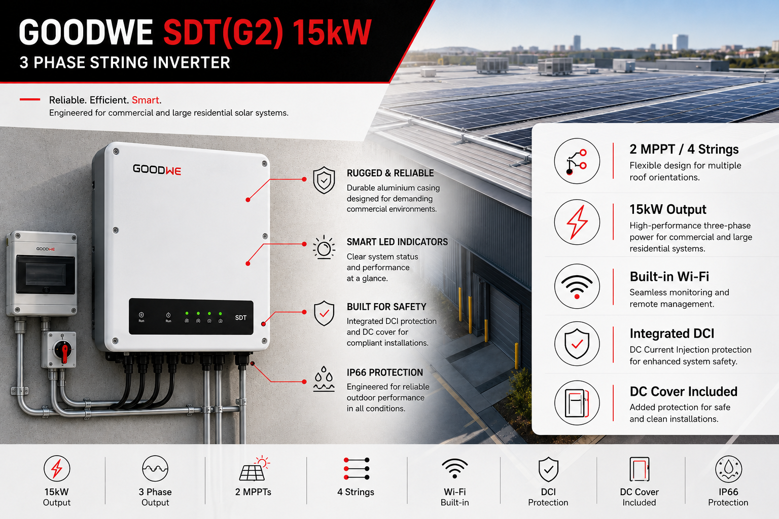 GoodWe SDT(G2) String Inverter 15kW 3 Phase 2 MPPT/4 strings w/Wi-Fi w/DCI w/DC Cover
