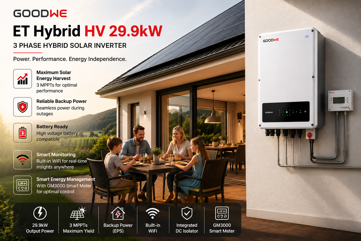GoodWe ET Hybrid HV 29.9kW 3 Phase hybrid solar battery inverter installed on a modern home with rooftop solar panels and smart energy management.