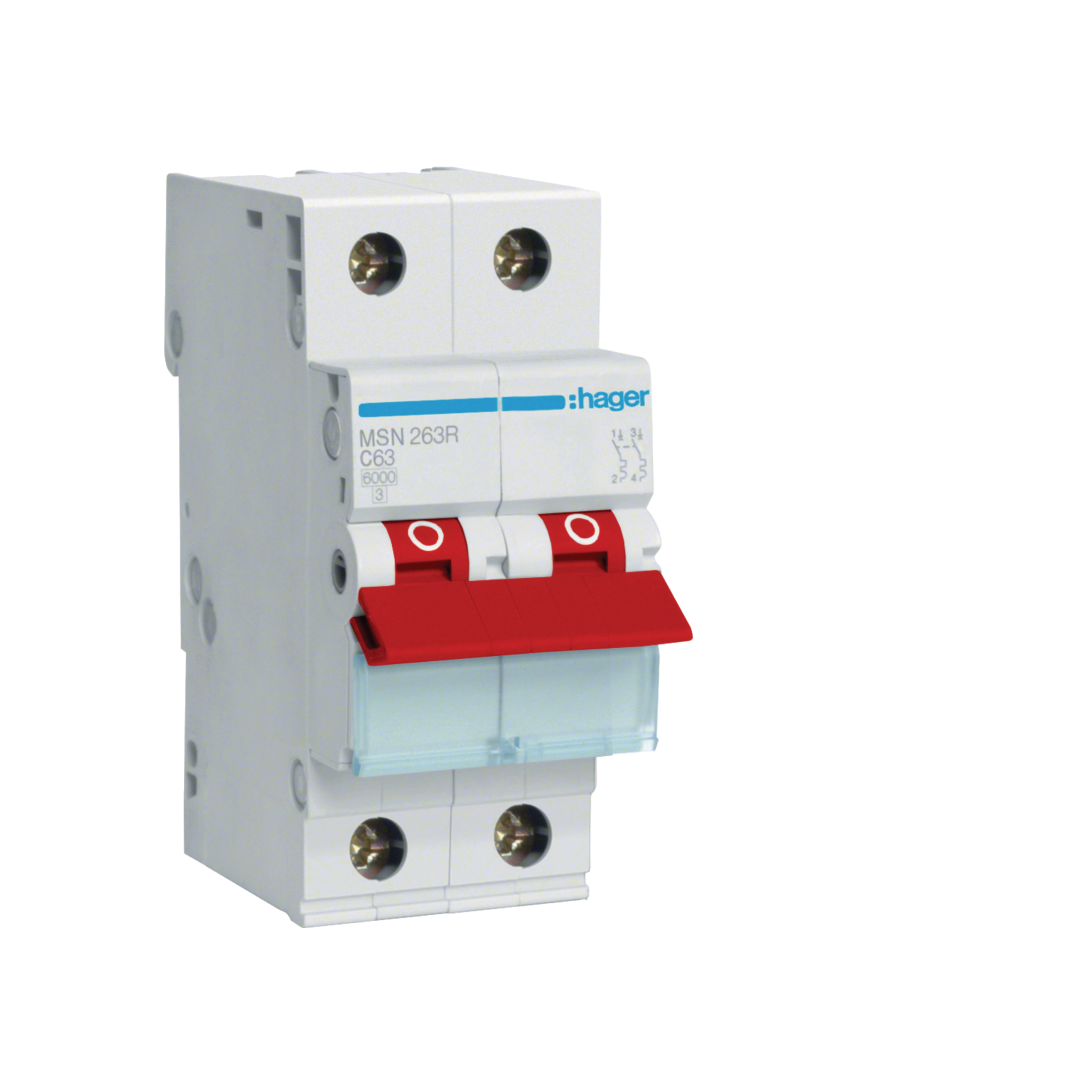 Hager 63 Amp Miniature Circuit Breaker with Red Toggle MCB C Curve 2 Pole 6kA