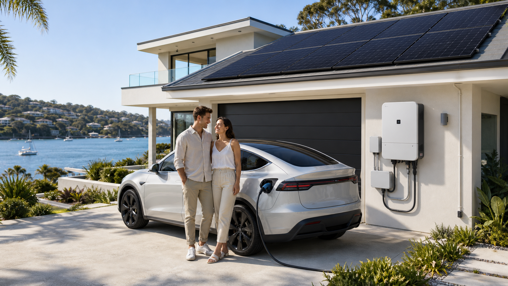 Couple standing beside an electric vehicle at a waterfront home with rooftop solar panels and a wall-mounted solar inverter.