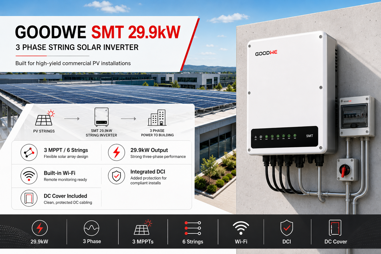 Goodwe SMT 29.9kW String Inverter 3 Phase 3 MPPT/6 Strings w/Wi-Fi W/DCI w/DC Cover