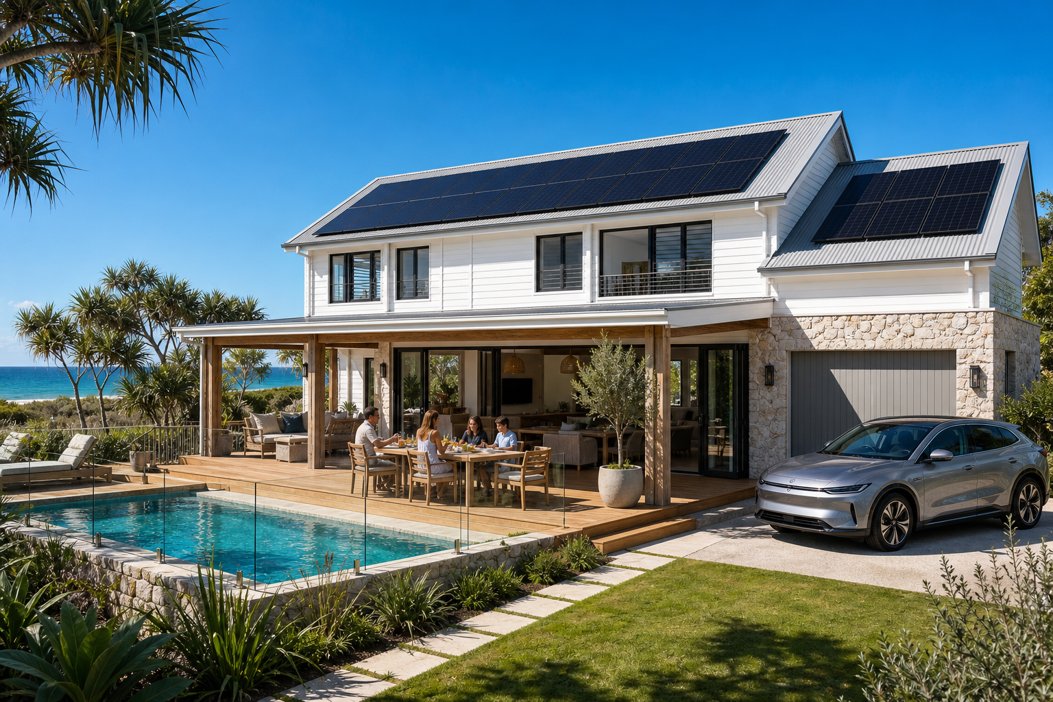 Maxeon Performance 7 rooftop solar panels on luxury Hamptons beach house in coastal Queensland