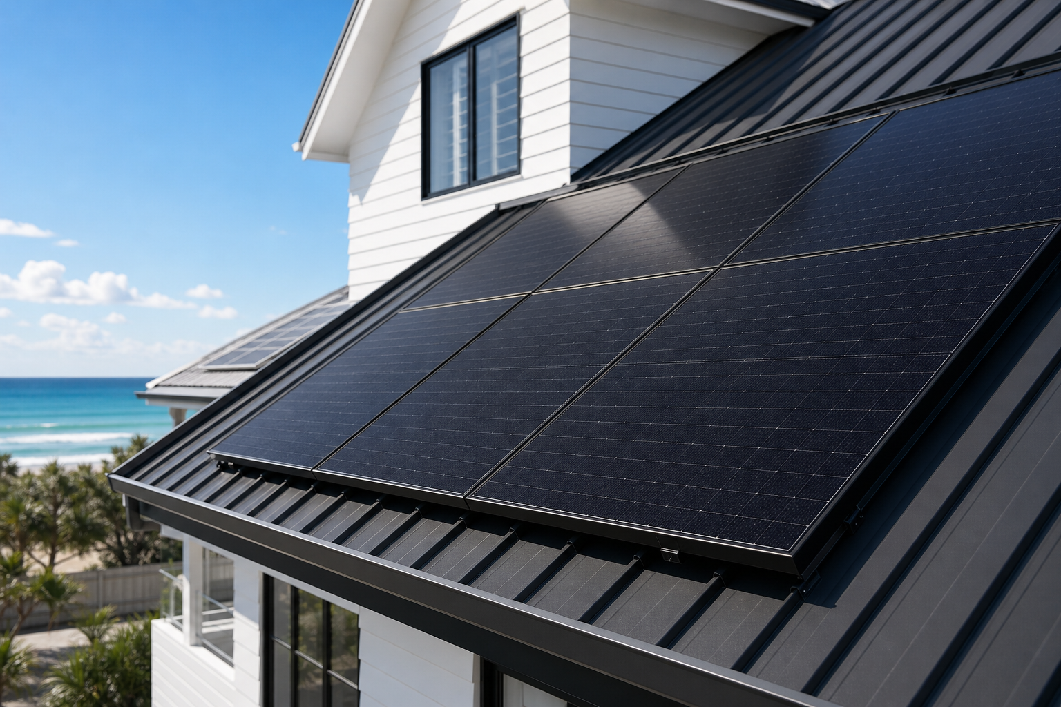 SunPower P7 460W all-black rooftop solar panels on modern Queensland coastal home