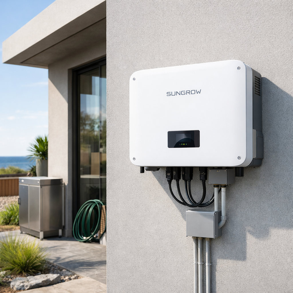 Sungrow single phase solar inverter with dual MPPT and IP65 rating mounted on exterior wall of a modern contemporary Australian home, hybrid solar inverter, dual mppt, three phase inverter, three phase hybrid inverter