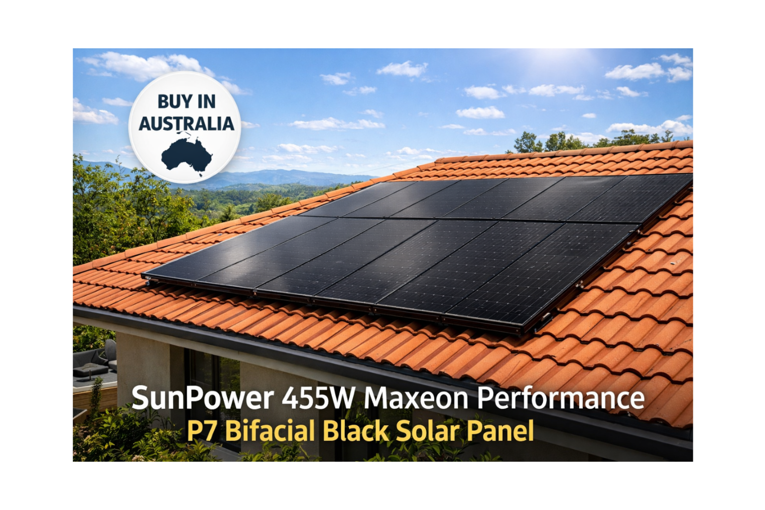 SunPower 455W Maxeon Performance P7 bifacial black solar panel installed on Australian residential roof