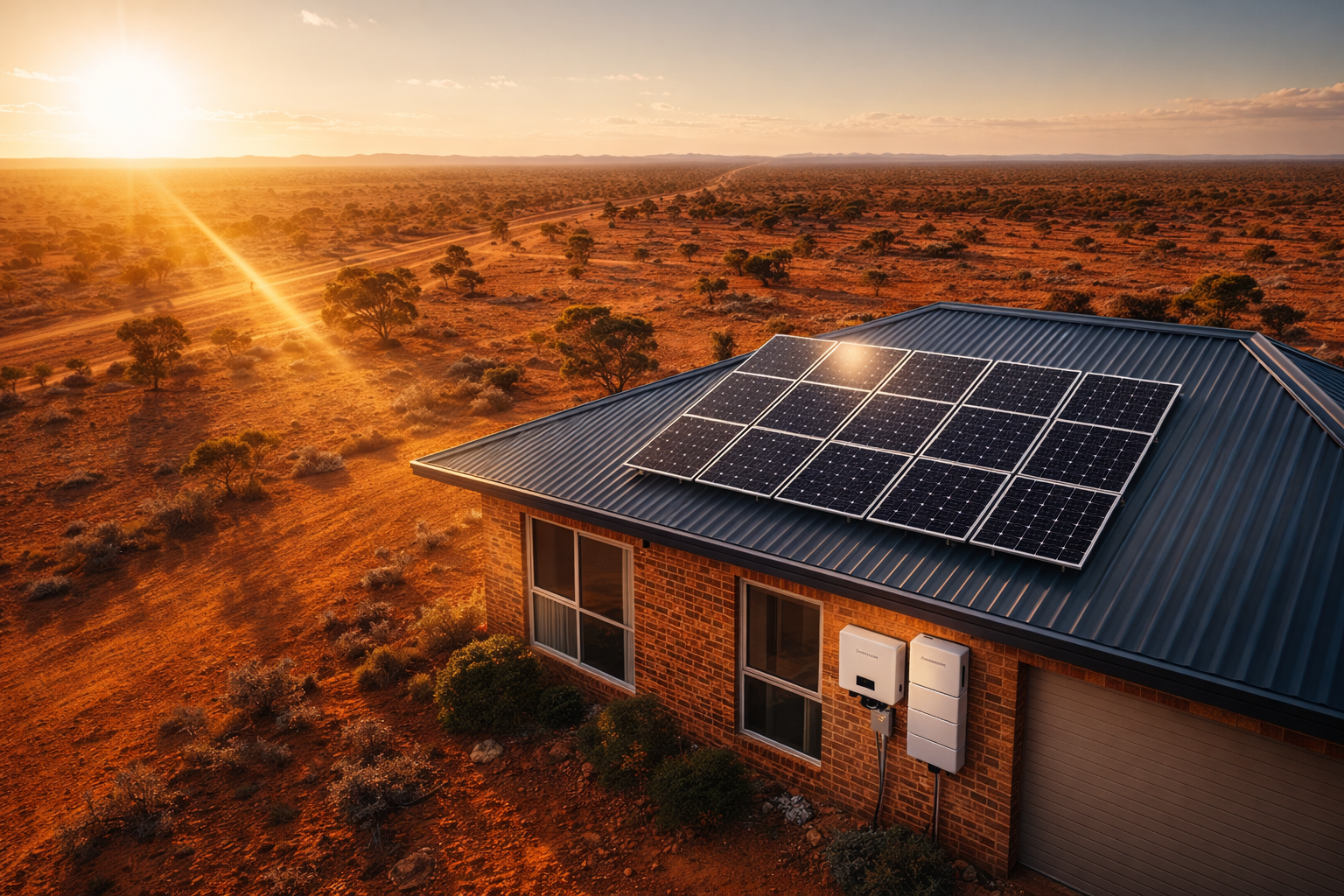 Tindo solar panel array and Sungrow inverter battery system installed on rural Australian outback home at sunset
