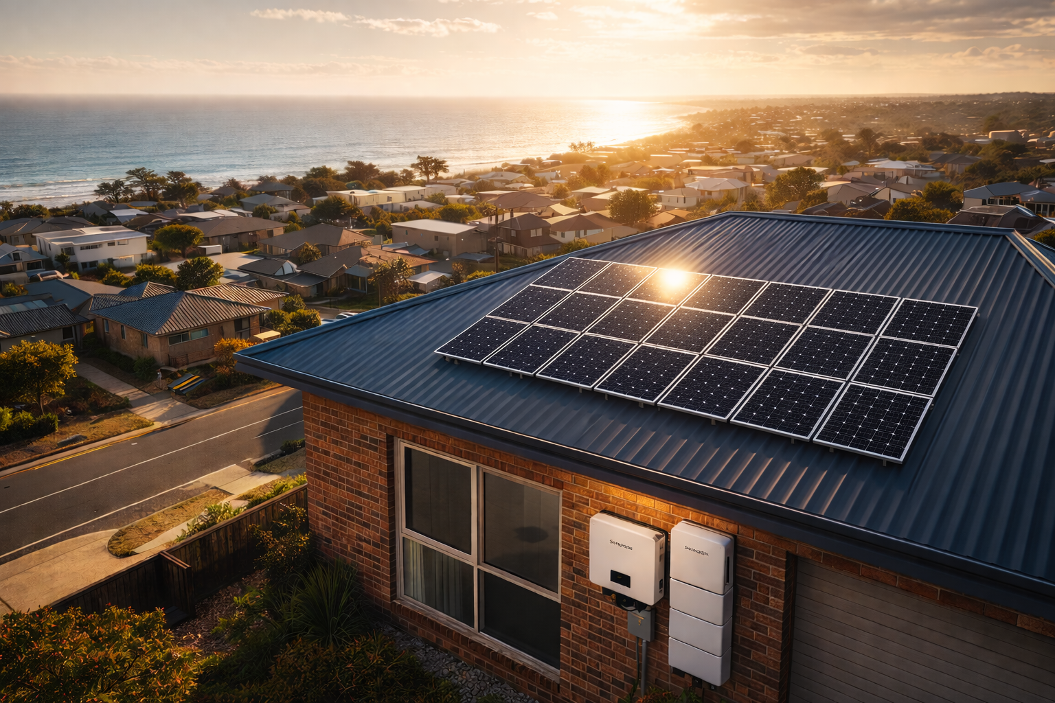 Tindo Australian made solar panels with Sungrow inverter and battery installed on blue tin roof coastal home at golden hour